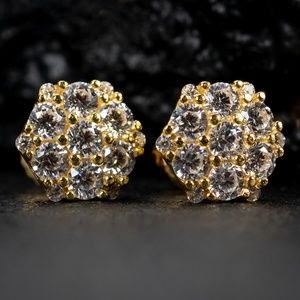 Men's Iced Cz Octagon Flower Cluster Yellow Gold Sterling Silver Stud Earrings
